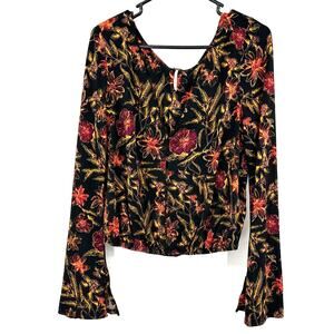 Free People Size M Scoop Neck Long Bell Sleeve Top Black and Yellow Floral Print